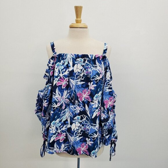Lane Bryant Ruched Sleeve Off Shoulder Top Plus Size 18/20 Floral Blue Pink - Picture 1 of 13
